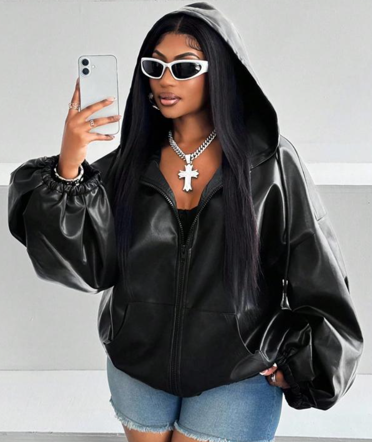 FINJANI Plus Size Faux Leather Hooded Jacket
