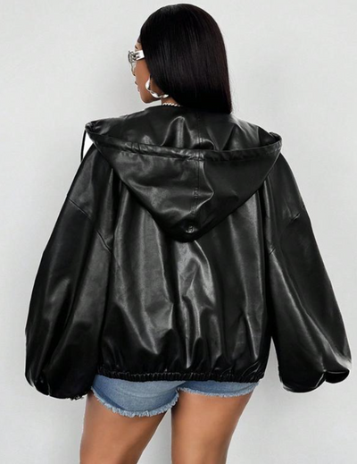 FINJANI Plus Size Faux Leather Hooded Jacket
