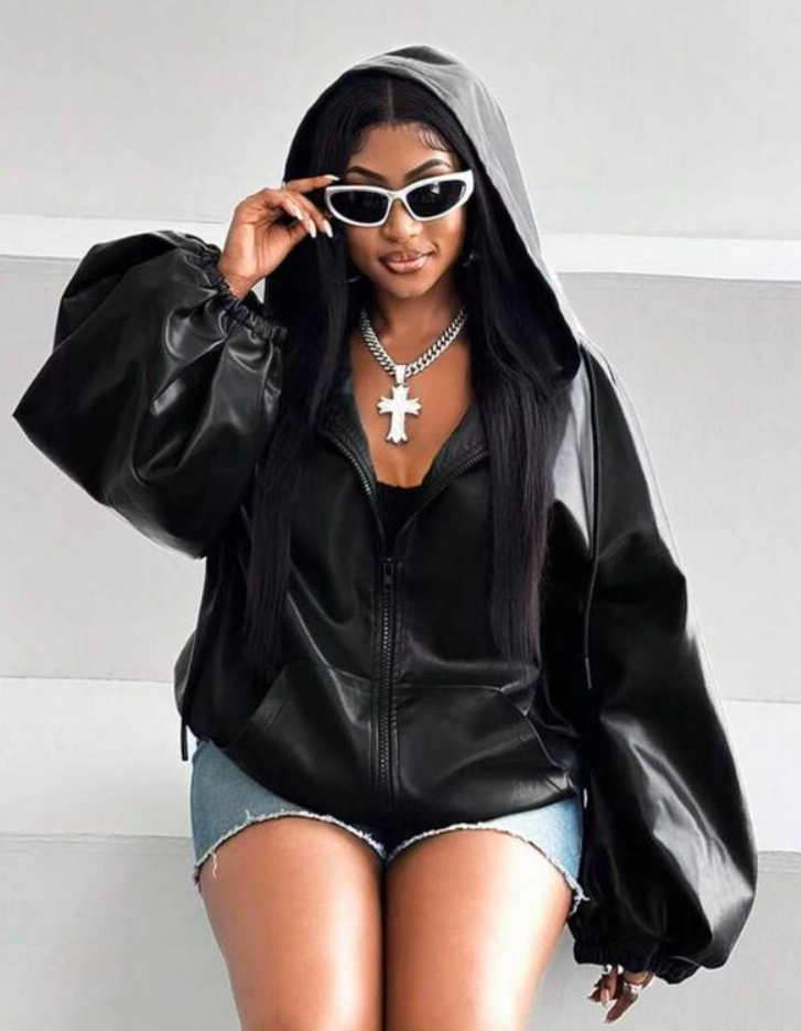 FINJANI Plus Size Faux Leather Hooded Jacket