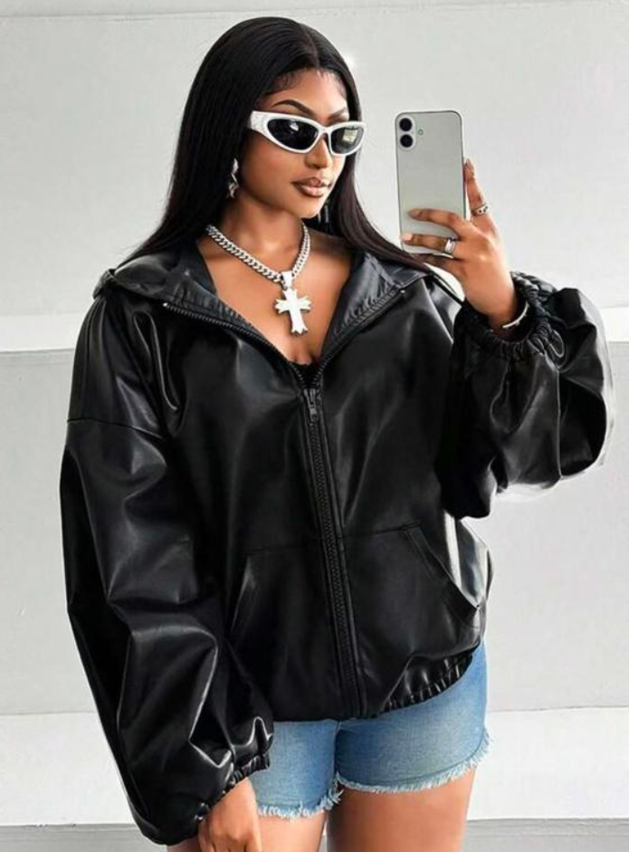 FINJANI Plus Size Faux Leather Hooded Jacket