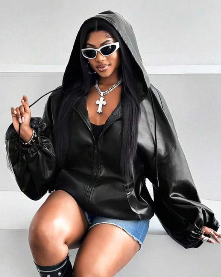 FINJANI Plus Size Faux Leather Hooded Jacket