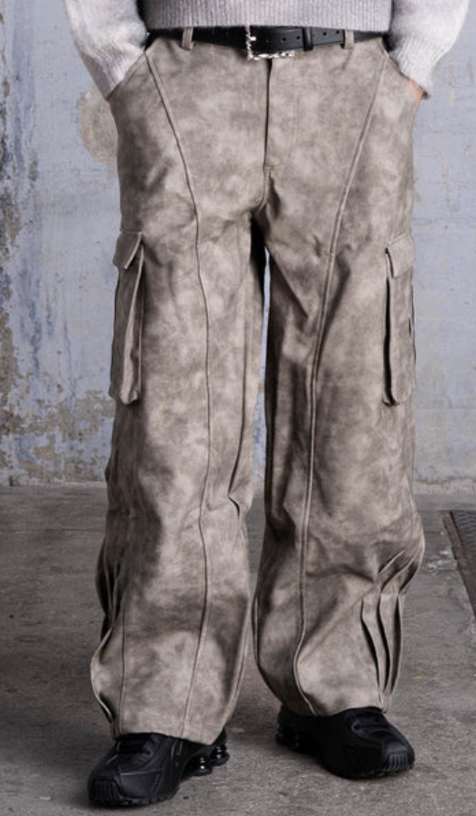 Men’s Beige Faux Leather Cargo Pants
