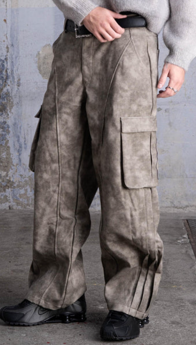 Men’s Beige Faux Leather Cargo Pants