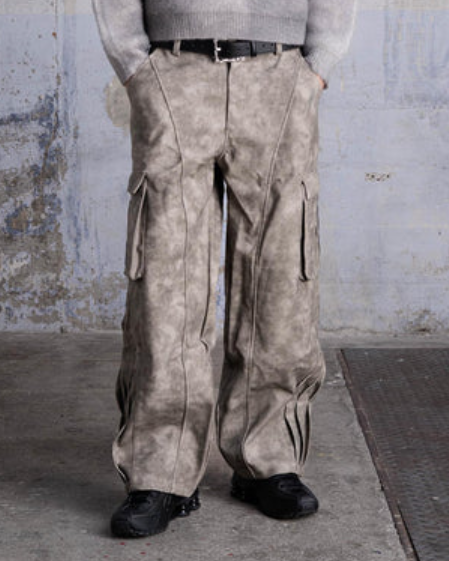 Men’s Beige Faux Leather Cargo Pants