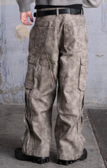 Men’s Beige Faux Leather Cargo Pants