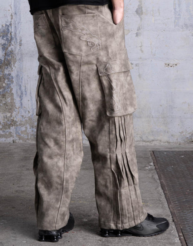 Men’s Beige Faux Leather Cargo Pants