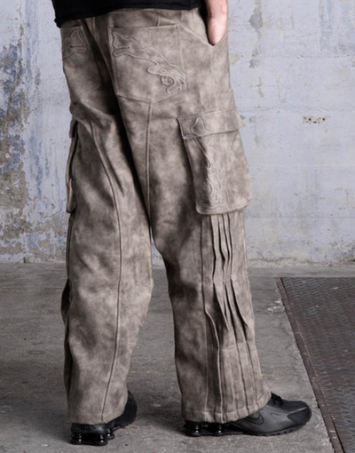Men’s Beige Faux Leather Cargo Pants