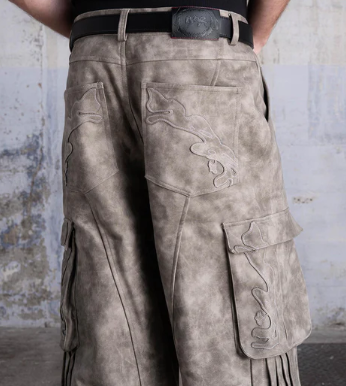 Men’s Beige Faux Leather Cargo Pants